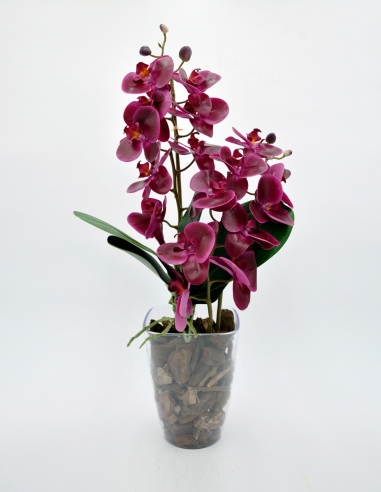 Orquídea color burdeos artificial con maceta transparente